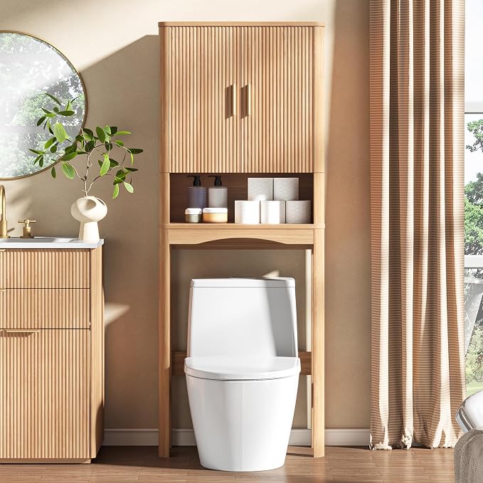 Vabches Farmhouse Over the Toilet Storage Cabinet with 2 Fluted Doors, Oak by Vabches