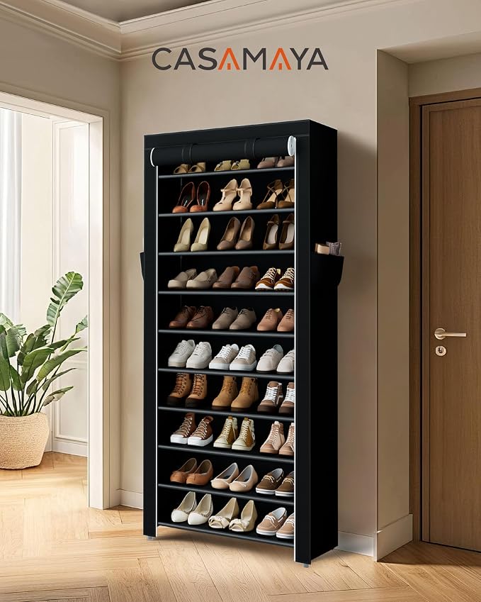 CASAMAYA Shoe Rack with Covers, 10 Tiers Tall Shoe Rack Organizer, Large Capacity Shoe Shelf Storage, Hold 30 Pairs of Shoes, Vertical Shoe Storage Organizer for Closet, Entryway, Black, SRT103B01 - Image 2
