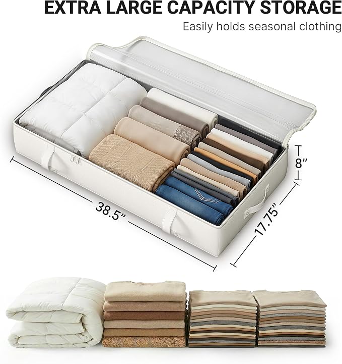 2-Pack Under Bed Storage Containers, 8 Inches Tall Clothes Storage, Beige | Large Capacity Collapsible Underbed Organizer with Sturdy Sidewalls/Bottom, Cotton Linen Bins, For Seasonal Clothes & Bedding - Image 3