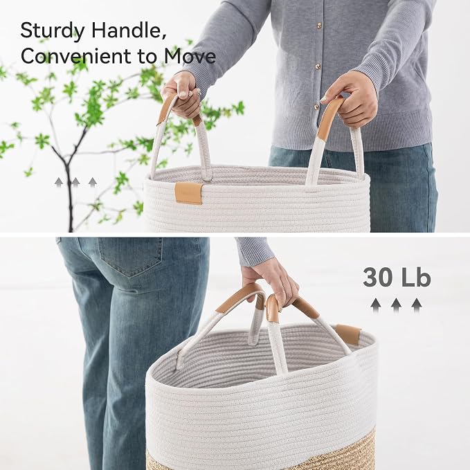 Nunsino 62L Striped Laundry Hamper with Leather Handles,Large Foldable Laundry Basket for Clothes,Cotton Rope Storage Bin for Blankets,Woven Clothes Basket for Bedroom, Beige Stripes - Image 6