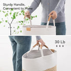 Nunsino 95L Striped Laundry Hamper with Leather Handles,Large Foldable Laundry Basket for Clothes,Cotton Rope Storage Bin for Blankets,Woven Clothes Basket for Bedroom,Beige Stripes - Image 5