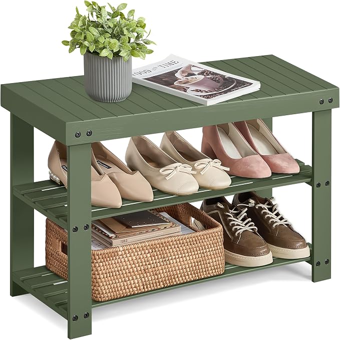 SONGMICS Shoe Rack Bench, 3-Tier Bamboo Entryway Bench, 27.6 Inches Width | Shoe Storage Organizer, Holds Up to 286.6 lb, Forest Green, BAMBOU Collection ULBS004C01 by Unknown