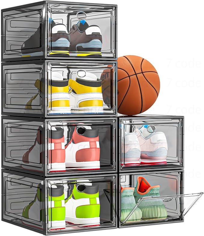 Sturdy Clear Shoe Organizer with Magnetic Door, Stackable Shoe Storage Box | Thick Plastic Shoe Storage for Sneakers & Boots, Collapsible Closet Shoe Rack and Clear Shoe Box, 6 Pack Black by 7+code
