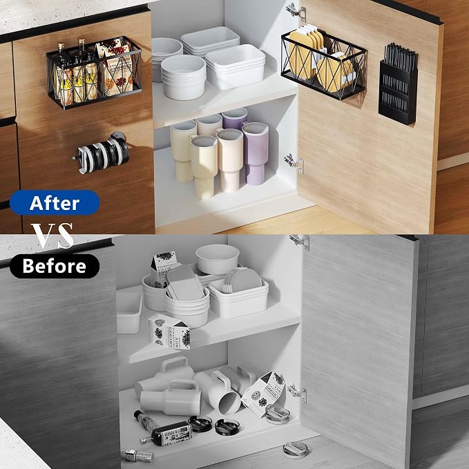 4 Pack No Drill Cabinet Door Lid Organizer for Plastic & Tumbler Lids, Inside Cabinet Wall Mounted Storage, Compatible with Tupperware & Yeti, with Magnetic Straw Holder - Image 7