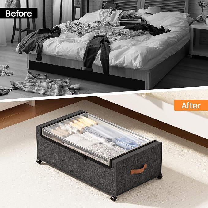Yecaye 95L Under Bed Storage Containers, Fits 11" Under Bed, 2 Pack, Grey | XXL Capacity, 360° Rolling Wheels, Sturdy Metal Frame, Clear Window & Label, Storage Bins for Clothes, Shoes, Blankets - Image 5