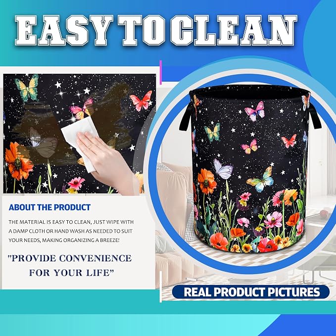 Colorful Butterflies Flowers Laundry Basket Oxford Cloth 18.9 x 16.5 Inch - Image 7