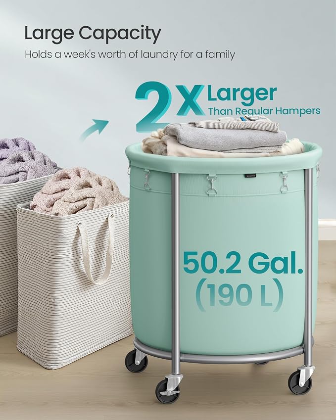 SONGMICS Laundry Basket, Rolling Steel Frame with 2 Locking Wheels, 190 L - Image 3