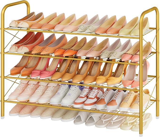 Hoctieon 4 Tier Mesh Style Shoe Rack, Entryway Shoe Shelf, Shoe Storage Organizer, Shoe Rack for Closet, Space Save for Bathroom, Garage, Hallway, Bedroom, Living Room, Gold by Hoctieon