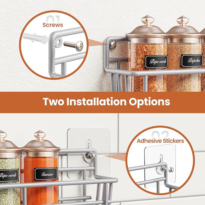 Mystozer 5 Pack Spice Rack Seasoning Organizer Wall Mount, Screw or Adhesive Hanging Shelf Basket Spice Organizer Pantry Organizers Shelf for Kitchen Spice Organization for Cabinet (Silver) - Image 4