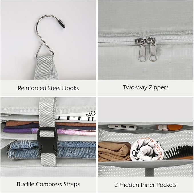 Surblue Hanging Closet Storage Bag Collapsible 3-Shelf Washable Oxford Fabric with 2 Hooks (XL 17.71 * 11.81 * 20in, Light Gray) - Image 6