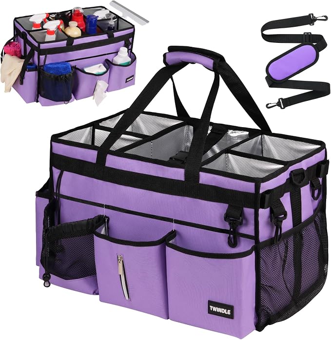 Large Cleaning Caddy Bag With Detachable Divider,Caddy Organizer With Handle,Cleaning Supply Storage With Adjustable Shoulder Strap & Waist Belt For Cleaners,Cleaning Housekeepers by TWINDLE