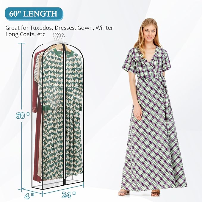 60" All Clear Dress Bags for Gowns Long, 4" Gusseted Garment Bags for Hanging Clothes, Womens Dress Garment Bag with Zipper for Skirts, Wedding Dresses, Winter Fur Coats, 4 Packs - Image 5