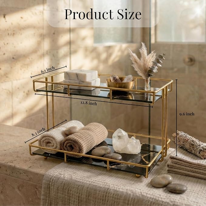 2-Tier Black Marble Bathroom Countertop Organizer – Glass Shelves & Gold Metal Frame, Stylish Vanity Storage Shelf for Perfume, Skincare, Makeup & Toiletries - Image 2