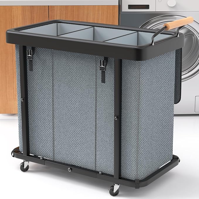 Laundry Hamper 3 Section with Lid,230L Rolling Dirty Clothes Hamper Grey by Unlockyourhomestoragelife