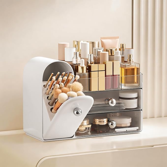 HBlife Makeup Organizer Countertop with Drawers, Vanity Organizers with Brush Holder, Bathroom Counter Organizer for Perfume, Nail Polishes, Lipsticks, Skincare and Eyeshadow Palettes, White Sliver - Image 2