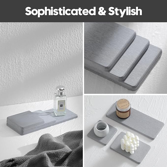 Razborci 3PCS Bathroom Sink Vanity Trays, Quick Stone Drying Mat Dish Soap Dispenser Sponge Holder for Kitchen Counter, Diatomaceous Earth Water Absorbing Caddy Organizer, Light Grey - Image 6