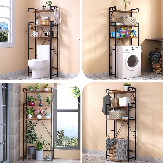 Huhote Over The Toilet Storage Rack with 3-Tier Bathroom Shelves, Space Saver Toilet Shelf, Bathroom Storage Organizer with Hooks for Over Toilet Storage and Shelf (Rustic Brown) - Image 4