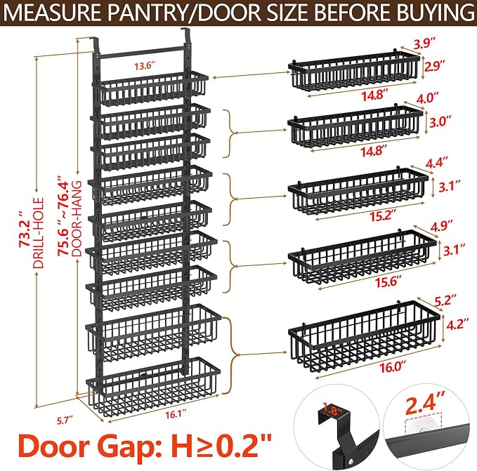 POKIPO 9 Tier Over The Door Pantry Organizer, 2 in 1 Wall Mount or Hanging Spice Rack with Adjustable Deep Basket, Heavy-Duty Seasoning Organizer and Storage for Kitchen Cabinet Closet Bathroom - Image 2