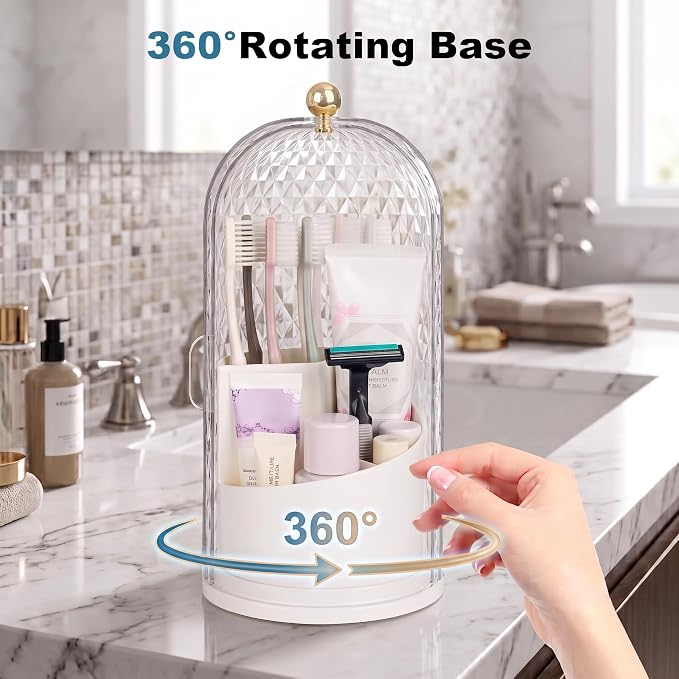 QIYVLOS Toothbrush Holders with Sliding Lid, Rotating 3 Slots Bathroom Organizer Countertop, Tooth Brush Toothpaste Holder Bathroom Counter Stand Caddy for Vanity Makeup Brushes Holder (White) - Image 3