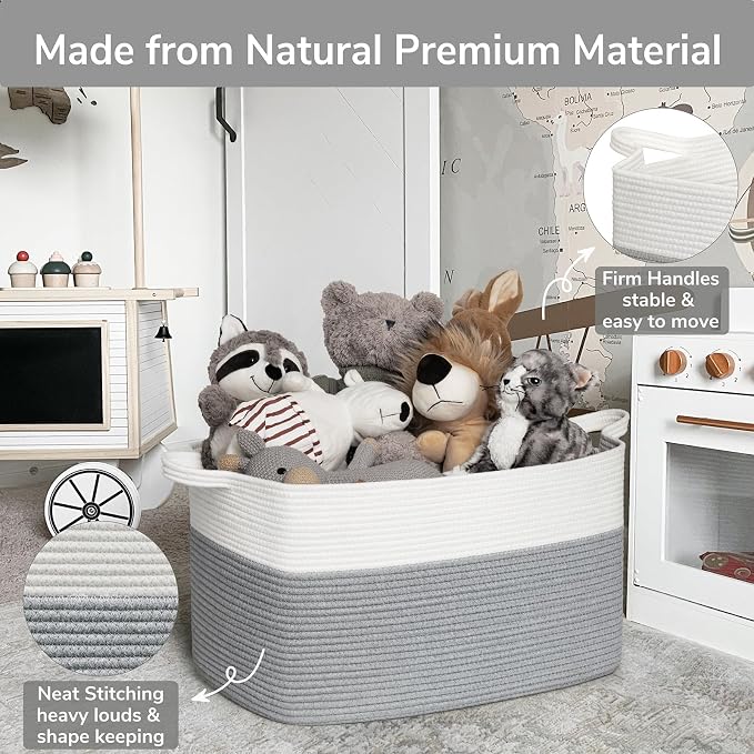 Goodpick Large Woven Rope Blanket Basket, Rectangle, White Gray - Image 6
