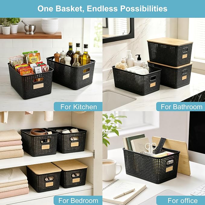 Bagnizer 2 Pack Tall Plastic Storage Bins with Bamboo Lids, 10.8qt Stackable Storages Baskets for Organizing Desktop Closet Playroom Classroom Office, 12"L x 8.3"W x 6.1"H, Black - Image 5