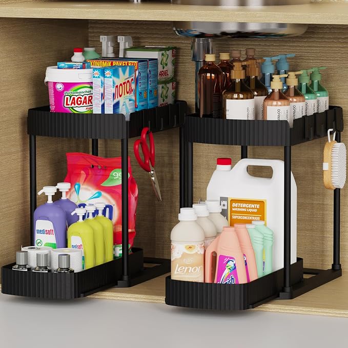 2 Packs Under Sink Pull-Out Storage Organizers, 12.8 Inches, Black by ukeetap