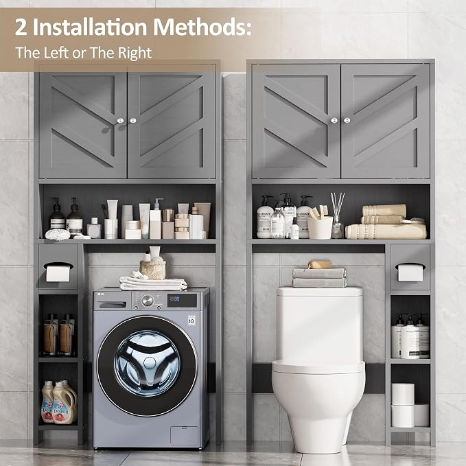 Farmhouse Storage Cabinet Over Toilet with Toilet Paper Holder Stand, Freestanding Bathroom Storage Organizer Cabinet, Grey - Image 7