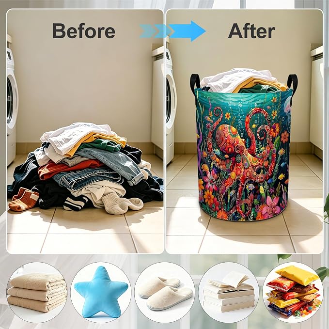 Octopus Flower Laundry Basket Foldable Laundry Hamper With Handles Clothes Storage Bucket Organizer Laundry Bag For Bedroom Bathroom Laundry Storage 19.6 x 15.7 - Image 4