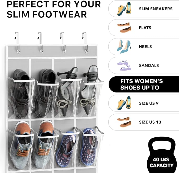 Simple Houseware 24 Pockets Clear Over the Door Shoe Organizer, Gray | 64" x 19", 4 Durable Metal Hooks, 4.3" x 9.5" Pocket Size, Multipurpose - Image 4