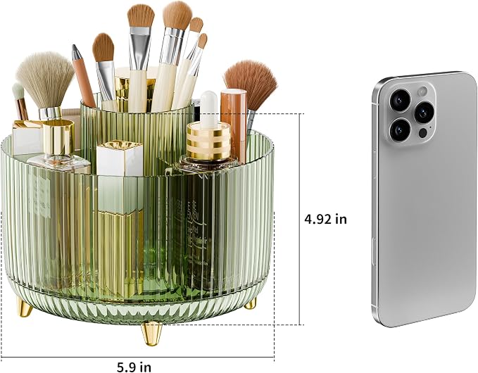 Clear Rotating Makeup Organizer Countertop for Vanity, 360° Makeup Brush Holder Organizer with 5 Compartments, Transparent Cosmetic Storage for Lipstick, Skincare, Bathroom Counter(Transparent Green) - Image 4