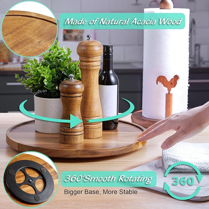 12" Acacia Wood Lazy Susan Turntable Organizer, Lazy Susan for Table Top Cabinet Dining Pantry Countertop Cupboard Organization, Decorative Tray for Kitchen Bathroom Decor Coffee Bar Accessories - Image 5