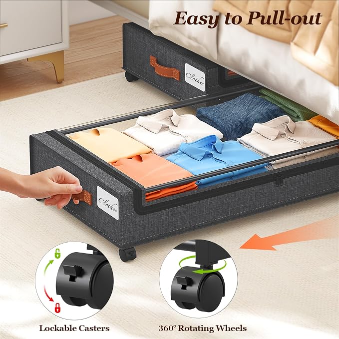 Yecaye 70 L Under Bed Storage with Wheels, 3 Pack Larger Capacity Under Bed Storage Containers, Underbed Shoe Storage Organizer, Rolling Under Bed Metal Drawers for Clothes, Blankets, Hemp Grey - Image 5