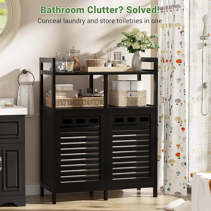 Homykic Tilt Out Laundry Hamper Cabinet, Bamboo Laundry Organizer, Black - Image 2