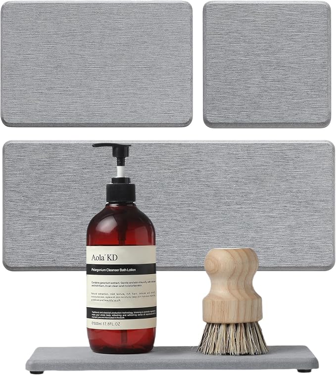 Razborci 3PCS Bathroom Sink Vanity Trays, Quick Stone Drying Mat Dish Soap Dispenser Sponge Holder for Kitchen Counter, Diatomaceous Earth Water Absorbing Caddy Organizer, Light Grey by Razborci