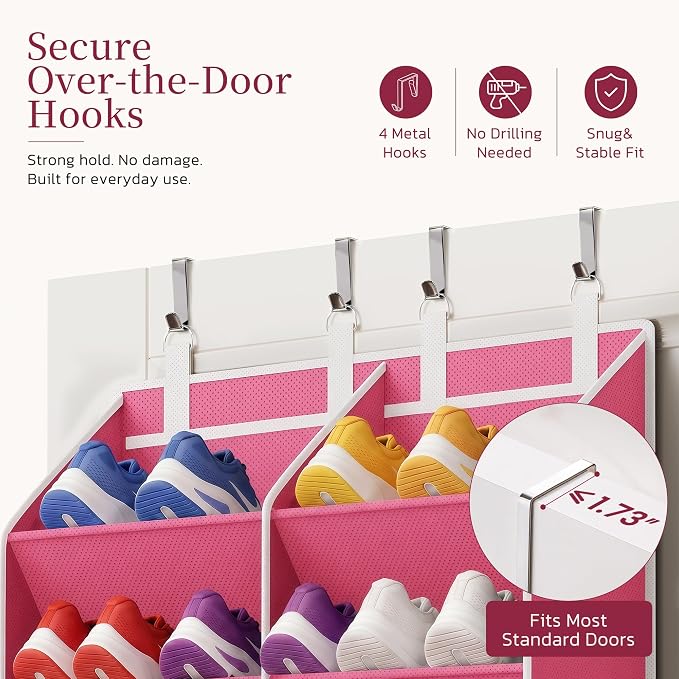 Criusia Over the Door Shoe Organizer, 20-30 Pairs Heavy-Duty Hanging Shoe Storage with Large Pockets, 10-Tier Door Shoe Rack with 4 Hooks for Sneakers Sandals Heels Boots (Pink) - Image 4