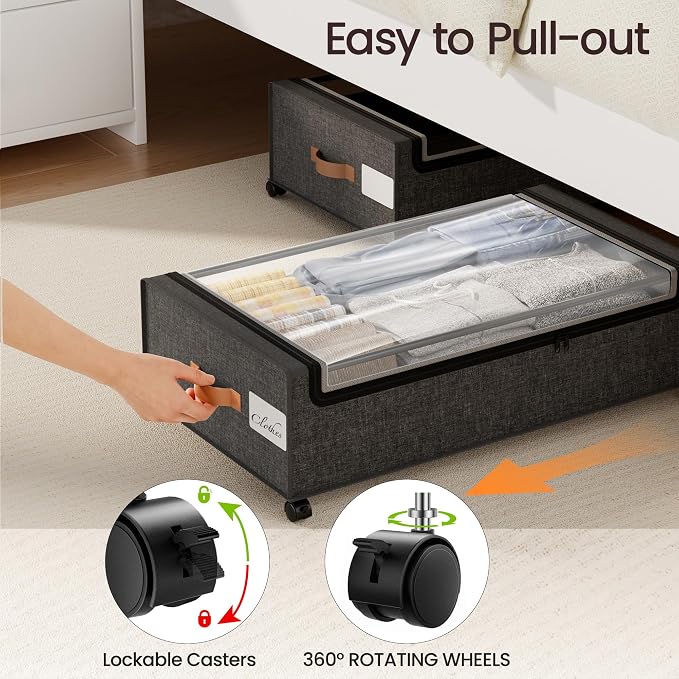 Yecaye 82L Under Bed Storage Containers, Fits 9.4" Under Bed, 2 Pack, Grey | XXL Capacity, 360° Rolling Wheels, Sturdy Metal Frame, Clear Window & Label, Storage Bins for Clothes, Blankets, Shoes - Image 5