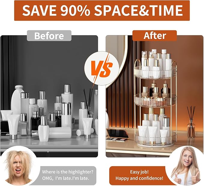 YCIA&DONE 360 Rotating Makeup Organizer and Storage for Vanity Countertop 3 Tiers, High Capacity Cosmetic Skincare Perfume Organizers for Dresser Bathroom Lazy Susan (Clear White) - Image 8