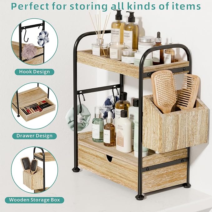 2-Tier Bathroom Counter Organizer with Drawer, Wooden Vanity Skincare Shelf - Image 6