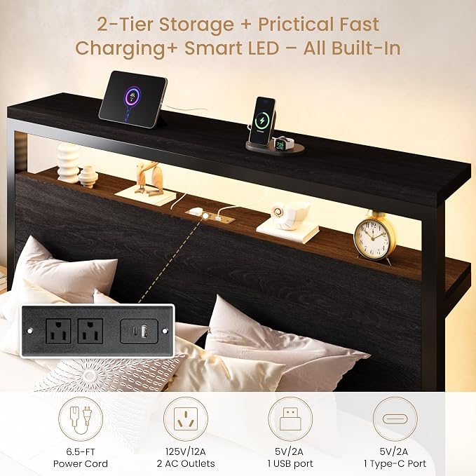 SHA CERLIN Full Bed Frame, 2-Tier Storage Headboard, LED, Charging Station - Image 4