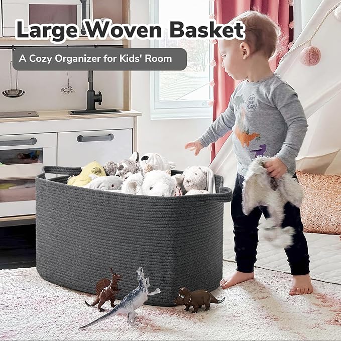 Goodpick 85L Large Woven Rope Blanket Basket, Rectangle, Dark Gray - Image 2