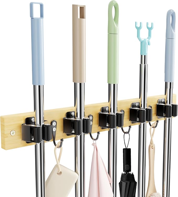Mop and Broom Holder Wall Mount - Bamboo Broom Mop Hanger - Wall Mounted Garden Tool Rack Organizer for Closet Garage Laundry Room Kitchen Decor With 5 Slots & 4 Hooks (Bamboo) by Unknown