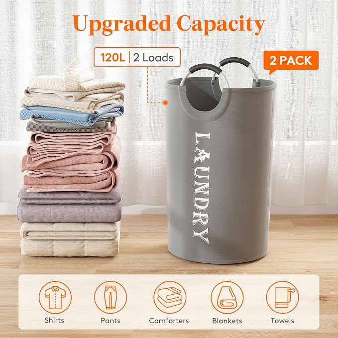 Lifewit 2 Pack 120L Laundry Basket with Aluminum Handles, Silver Grey - Image 4