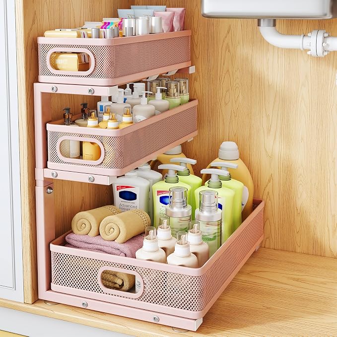 Under Sink Organizer, 3-Tier Thickened Metal Pull out Cabinet Organizer Shelf, Height Adjustable Slide out Storage Drawer Rack for Kitchen Bathroom Pantry Laundry Home Organization, 1-Pack, Pink by HERJOY