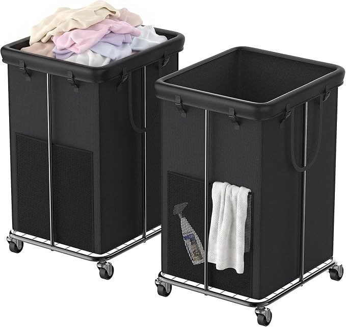 2 Pack Laundry Hamper with Wheels, 150L Rolling Laundry Basket Bag Handles by OLLDIDE
