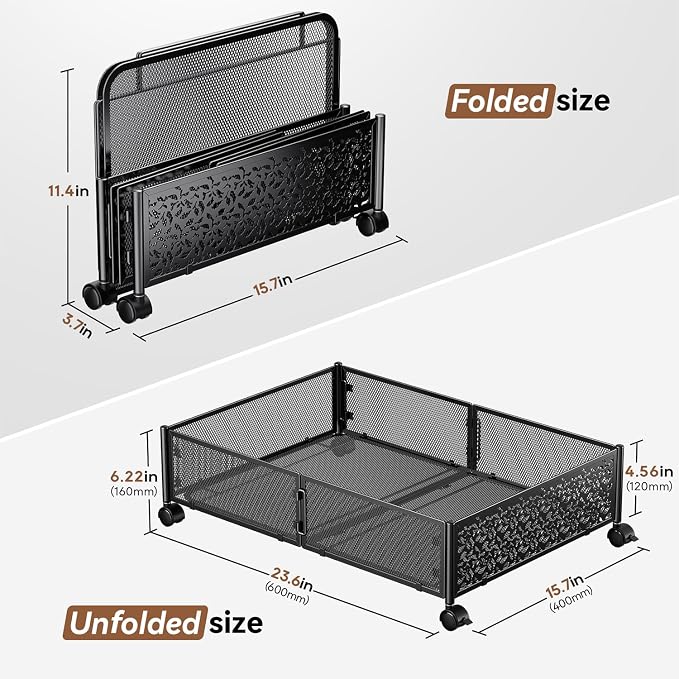 PHINOX Under Bed Storage with Wheels,Patterned,Sturdy Metal,4 Pack,Black | Tool-free assembly, glide smoothly, easy reach, foldable, maxmazie low-profile beds, dorm, keep seasonal clothes, shoes fresh - Image 2