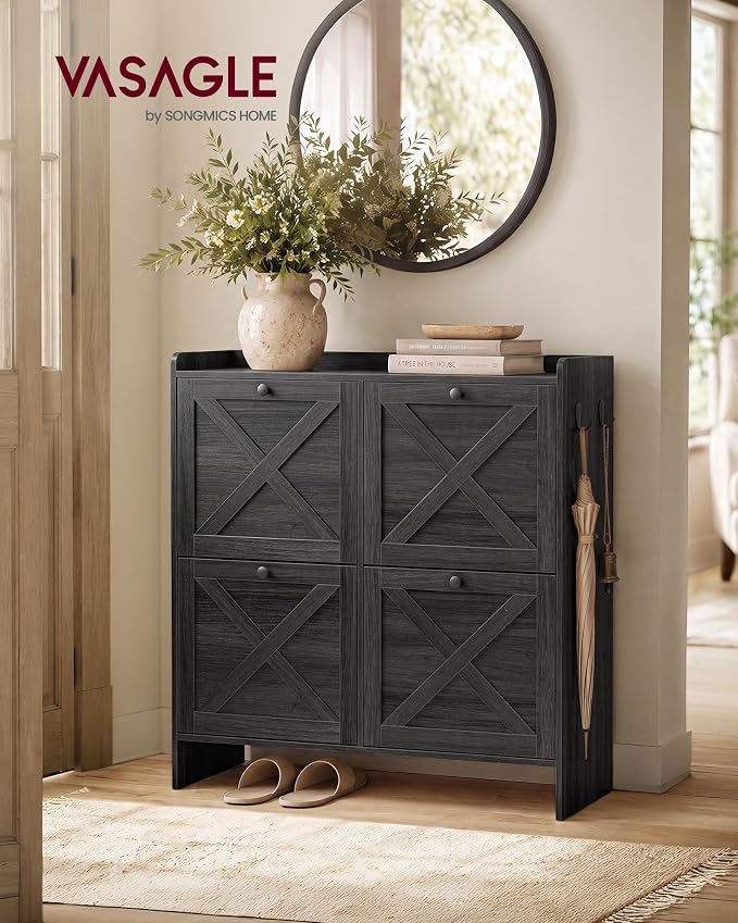 VASAGLE Narrow Shoe Storage Cabinet Organizer with 4 Flip Drawers | Freestanding Shoe Rack, Fits 16 to 24 Pairs, for Entryway, Farmhouse Style, Smoky Black, HANIS Collection UHSC403BJ01S - Image 3