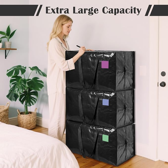 12 Pack Moving Bags with Full-Open Side Zipper, Extra Large 93L Heavy Duty Waterproof Foldable Storage Totes for College Dorm, Moving & Home Organization Black - Image 5