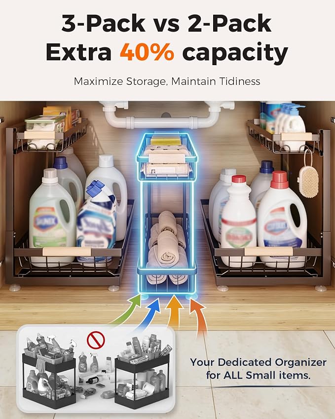 Sevenblue 3-Pack 2-Tier Height Adjustable Under Sink Organizer, Brown - Image 4