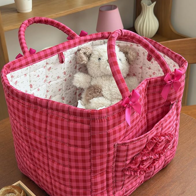 Storage Basket Boho Fabric Large Collapsible Floral Laundry Nursery Hamper Portable Folding Storage for Clothes Toys (Rose Red Plaid) - Image 4