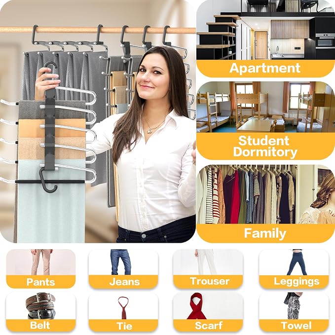Pants Hangers Space Saving - 4 PCS Closet Organizer and Storage Jean Hangers, Stainless Steel Anti-Slip Clothes Hanger Scarf Holder Pants for Jeans Leggings Trousers Rack for Back to School, Black - Image 6